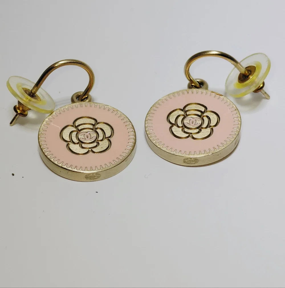 Auth CHANEL Gold & Pink CC Coco Camelia Dangle Drop Hoop Pierced Earrings EUC!